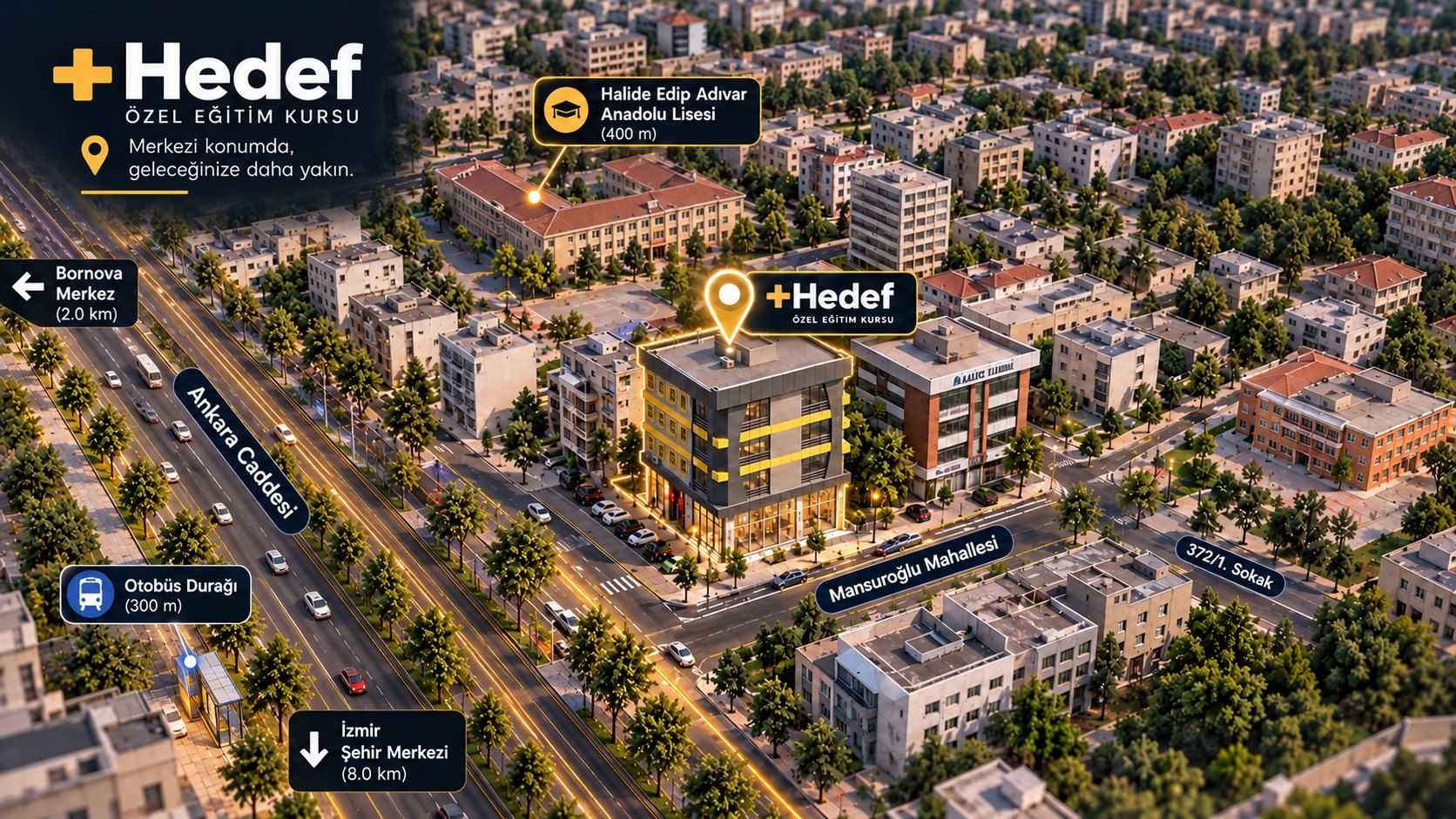 Artı Hedef Özel Öğretim Kursu'nun İzmir Bayraklı Mansuroğlu Mahallesi'ndeki konumu: Ankara Caddesi, Halide Edip Adıvar Anadolu Lisesi'ne 400 m